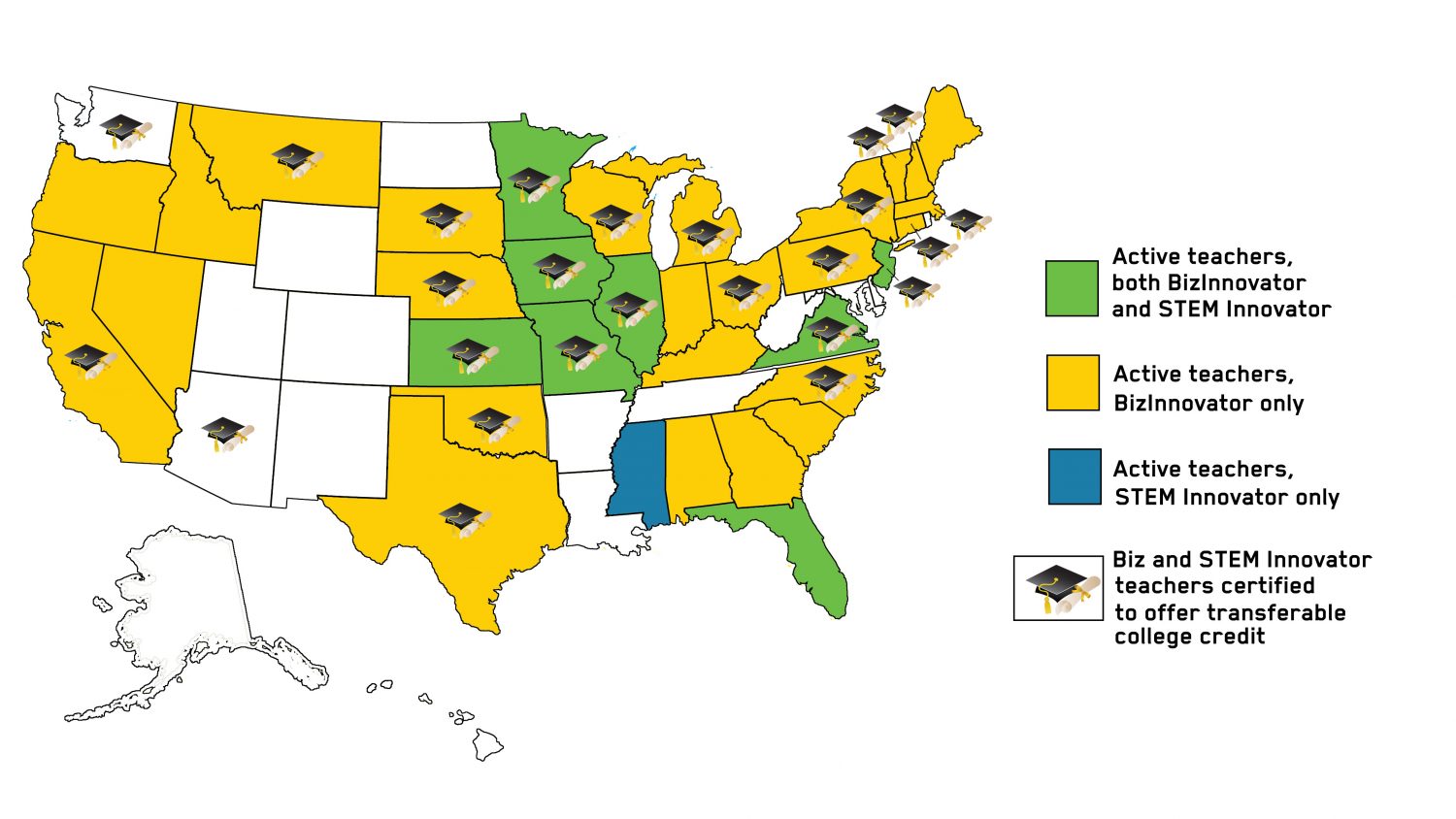 Nat'l Impact Map_with credit_cap diploma Map of STEM Innovator® and BizInnovator impact across U.S.