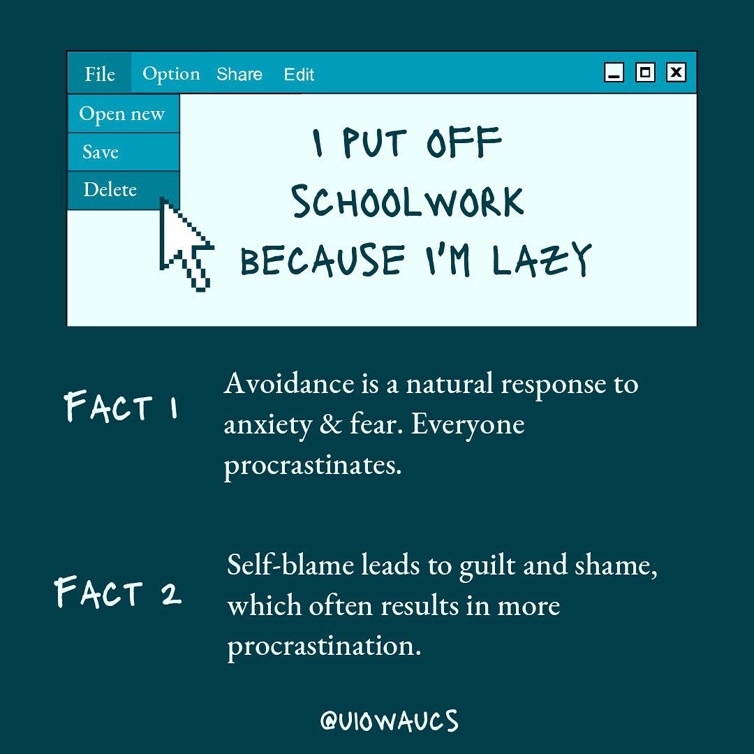 An image of a mouse on the “delete” bottom of a computer window that contains the text “I put off schoolwork because I’m lazy.” Dark blue background with light blue text that states: “Fact 1. Avoidance is a natural response to anxiety and fear. Everyone procrastinates. Fact 2. Self-blame leads to guilt and shame, which often results in more procrastination”