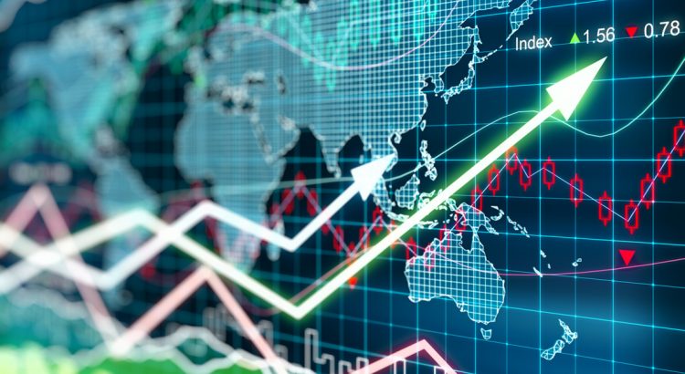 A picture of financial market arrows superimposed on a map of the world