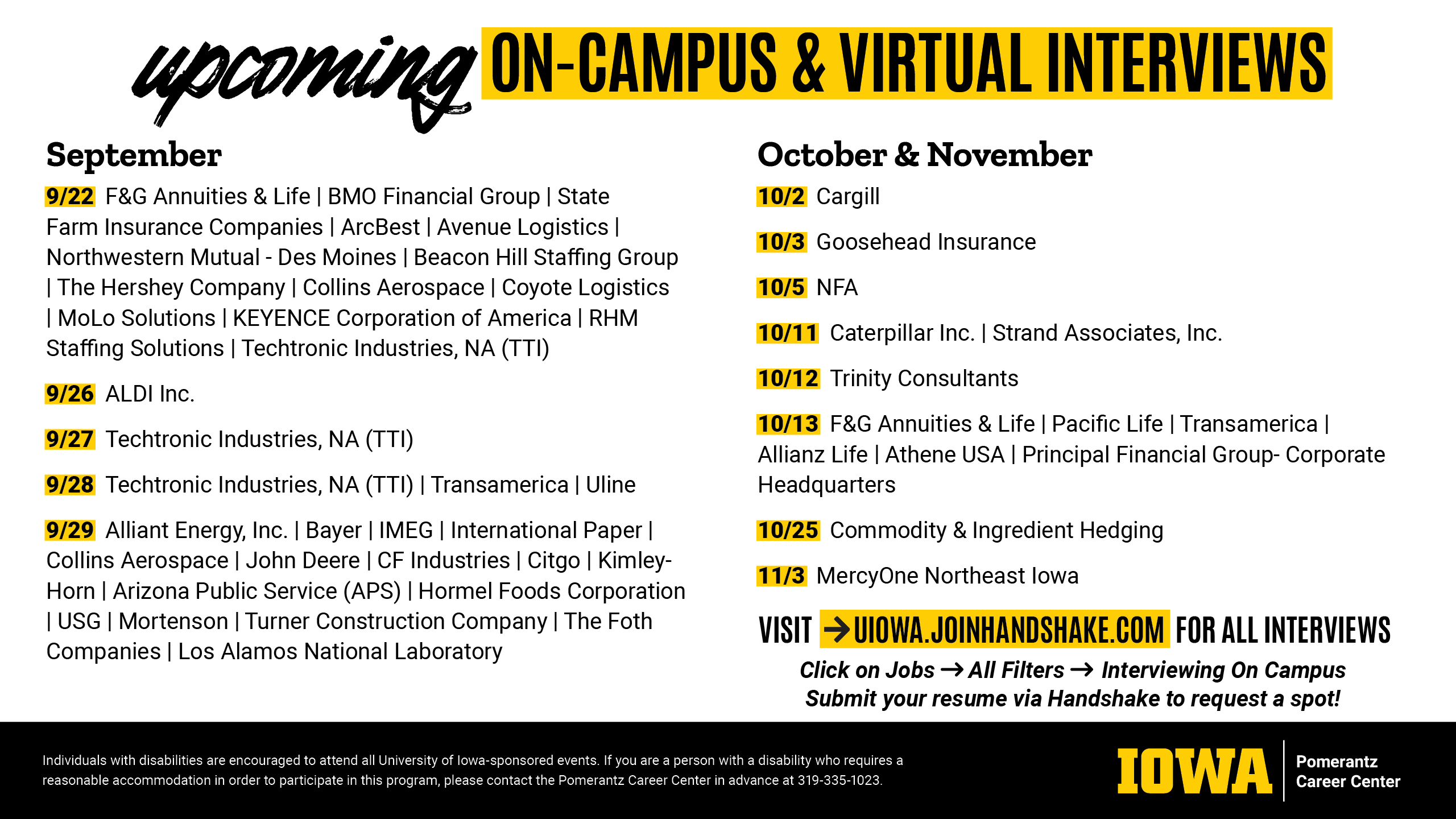 list of on-campus and virtual interviews for september, october, november